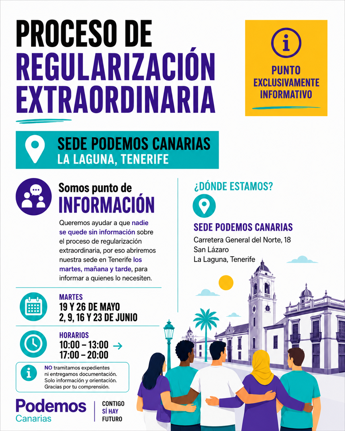 Cartel oficial del proceso de regularización extraordinaria en la sede de Podemos Canarias en La Laguna